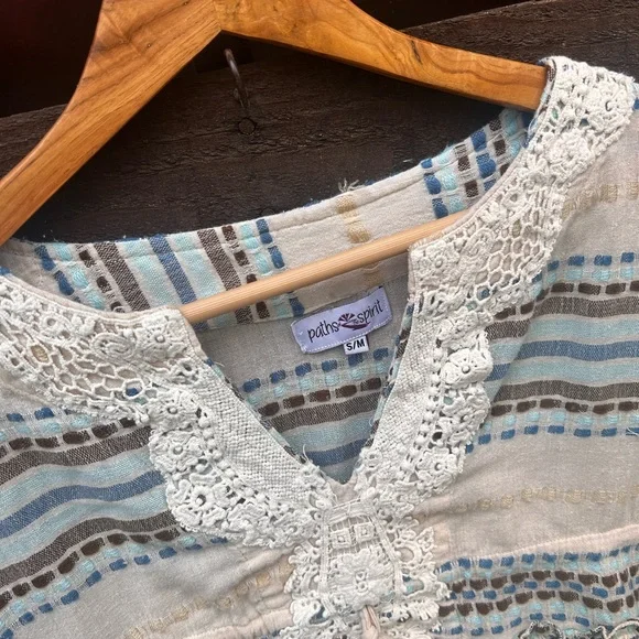 VTG Boho Cream Embroidered Stripes peasant Tassel Tie fringe blouse festival - Picture 3 of 6